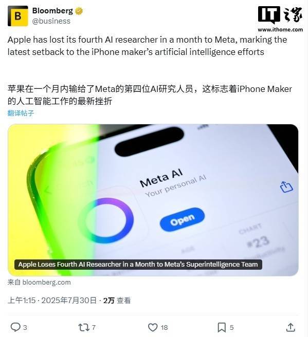 泰仓配资 苹果又一 AI 研究员跳槽 Meta，一个月内连续被挖四名大将